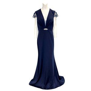 Jadore Pleated V-Neck Bodice Embellished Sleeve Gown Navy Blue Size 14 NWT